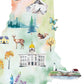 The image is a watercolor painting depicting various elements of nature and architecture, including a mountain, pine trees, a lighthouse, a deer, a squirrel, a house, and a tree.