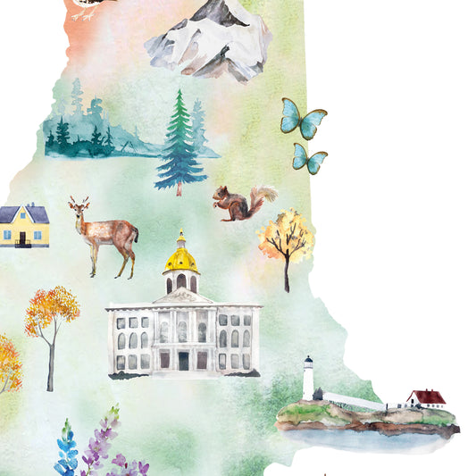The image is a watercolor painting depicting various elements of nature and architecture, including a mountain, pine trees, a lighthouse, a deer, a squirrel, a house, and a tree.
