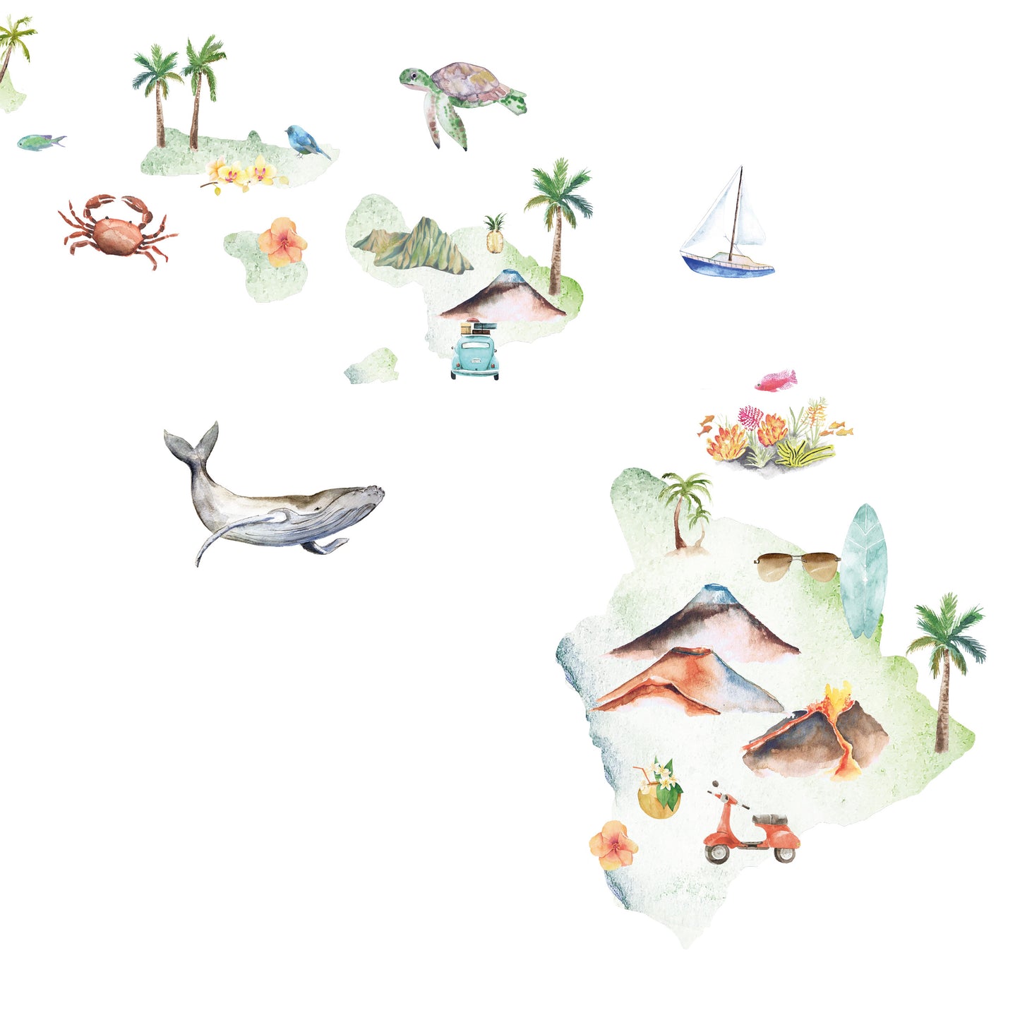 The image is a colorful and whimsical collage featuring various marine life, tropical plants, and other elements such as a boat, a crab, a whale, and a surfboard.