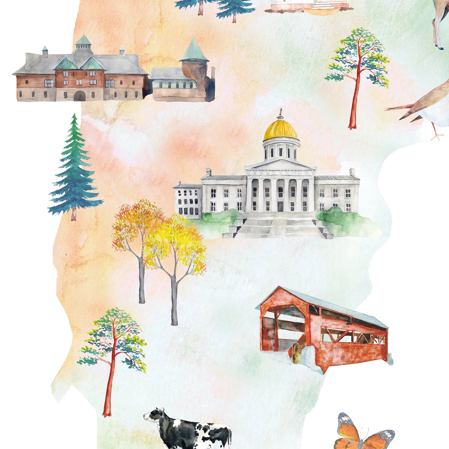 The image is a collage of various architectural and natural elements, including a castle, a bridge, a cow, a butterfly, and trees.