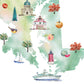 The image is a watercolor painting depicting various landmarks and objects, including a church, lighthouse, sailboat, apple, peach, and other natural and man-made elements, all set against a green and white background.