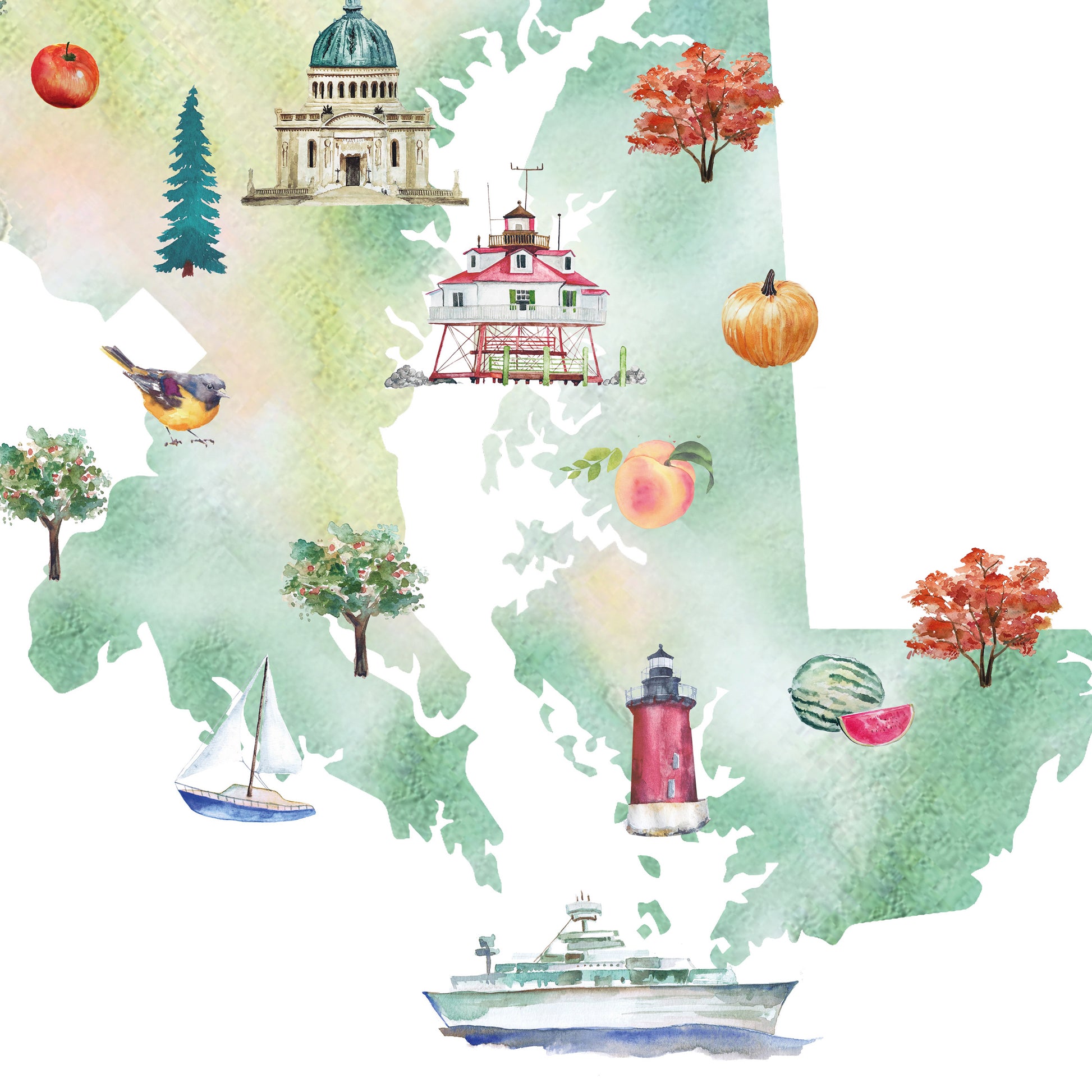 The image is a watercolor painting depicting various landmarks and objects, including a church, lighthouse, sailboat, apple, peach, and other natural and man-made elements, all set against a green and white background.