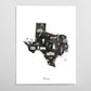 A watercolor illustration of the state of Texas, depicting various landmarks and symbols commonly associated with the state.