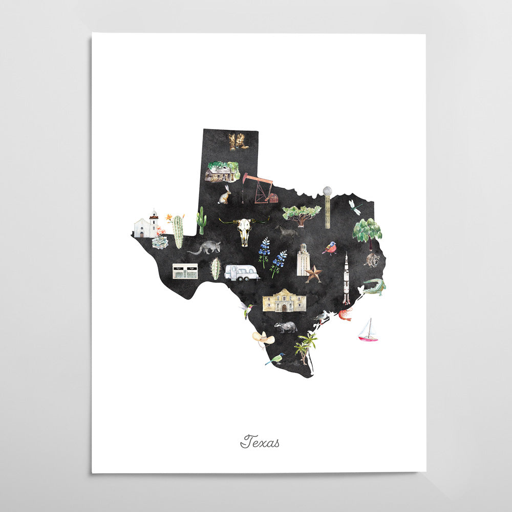 A watercolor illustration of the state of Texas, depicting various landmarks and symbols commonly associated with the state.