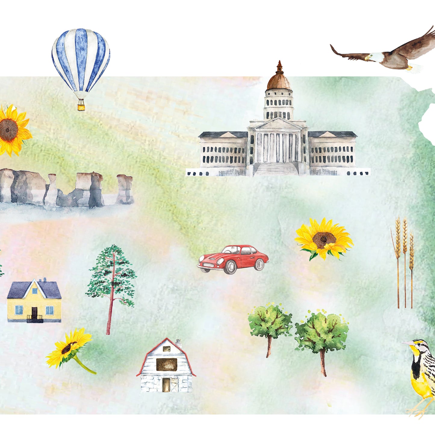 The image is a collage of various elements, including a hot air balloon, a building, a car, a bird, a tree, a house, and a sunflower.