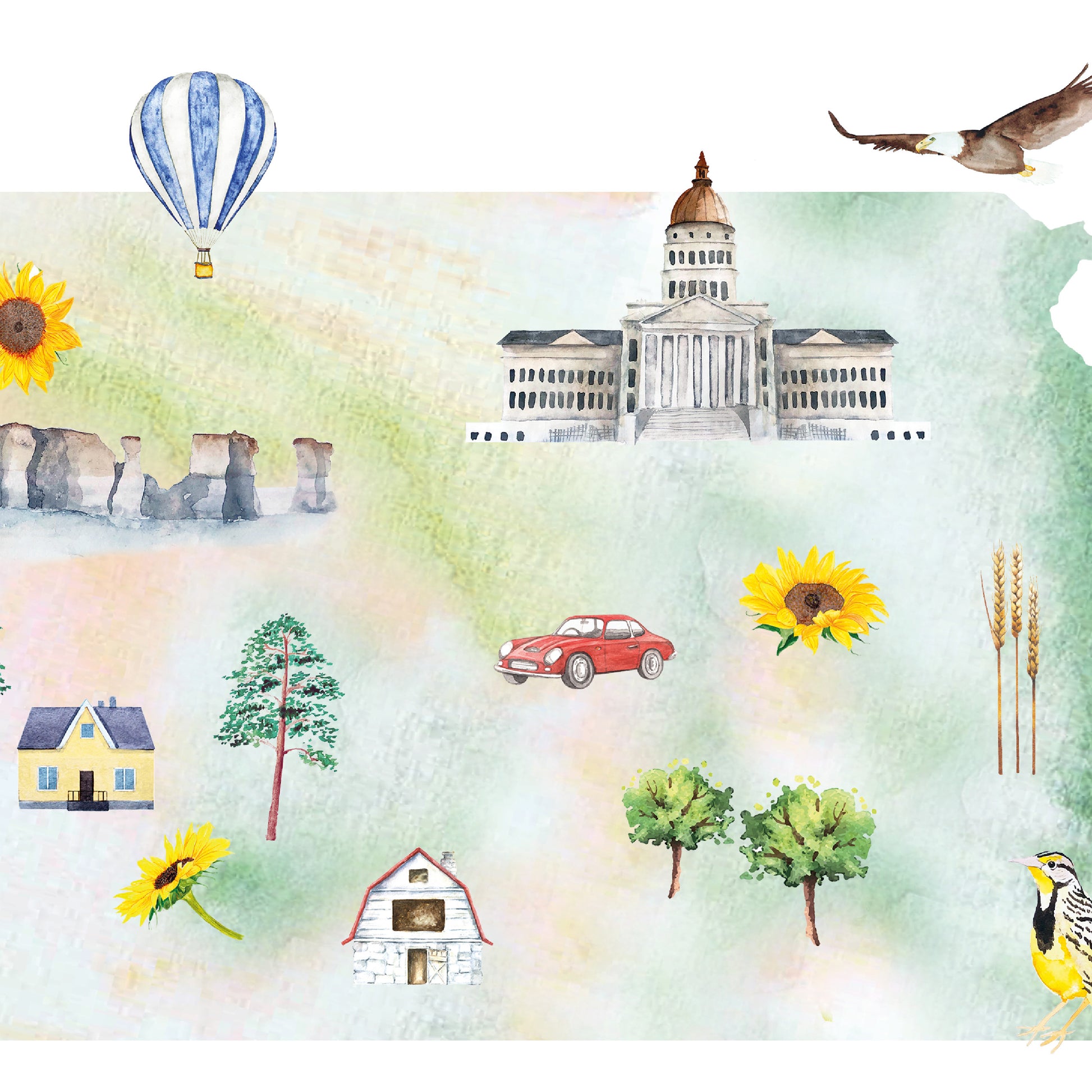 The image is a collage of various elements, including a hot air balloon, a building, a car, a bird, a tree, a house, and a sunflower.