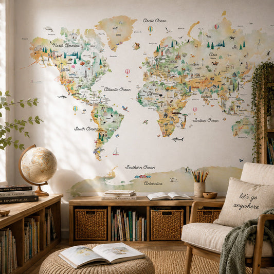 Illustrated World Map Reference Wall Decal