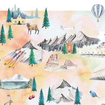 a watercolor painting of mountains and trees