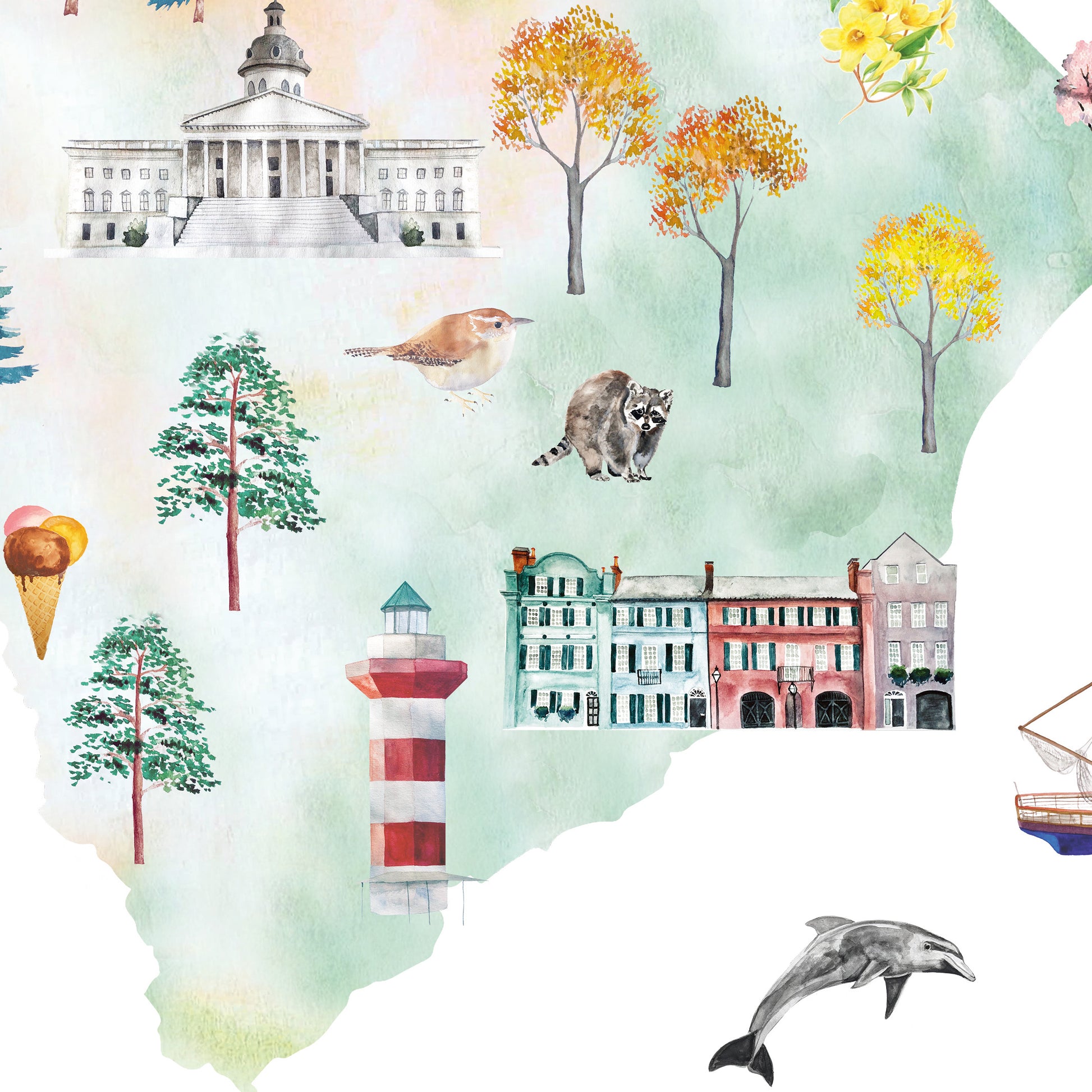 The image is a collage of various illustrations, including buildings, trees, a lighthouse, a bird, a cat, a boat, and a dolphin, all set against a watercolor background.