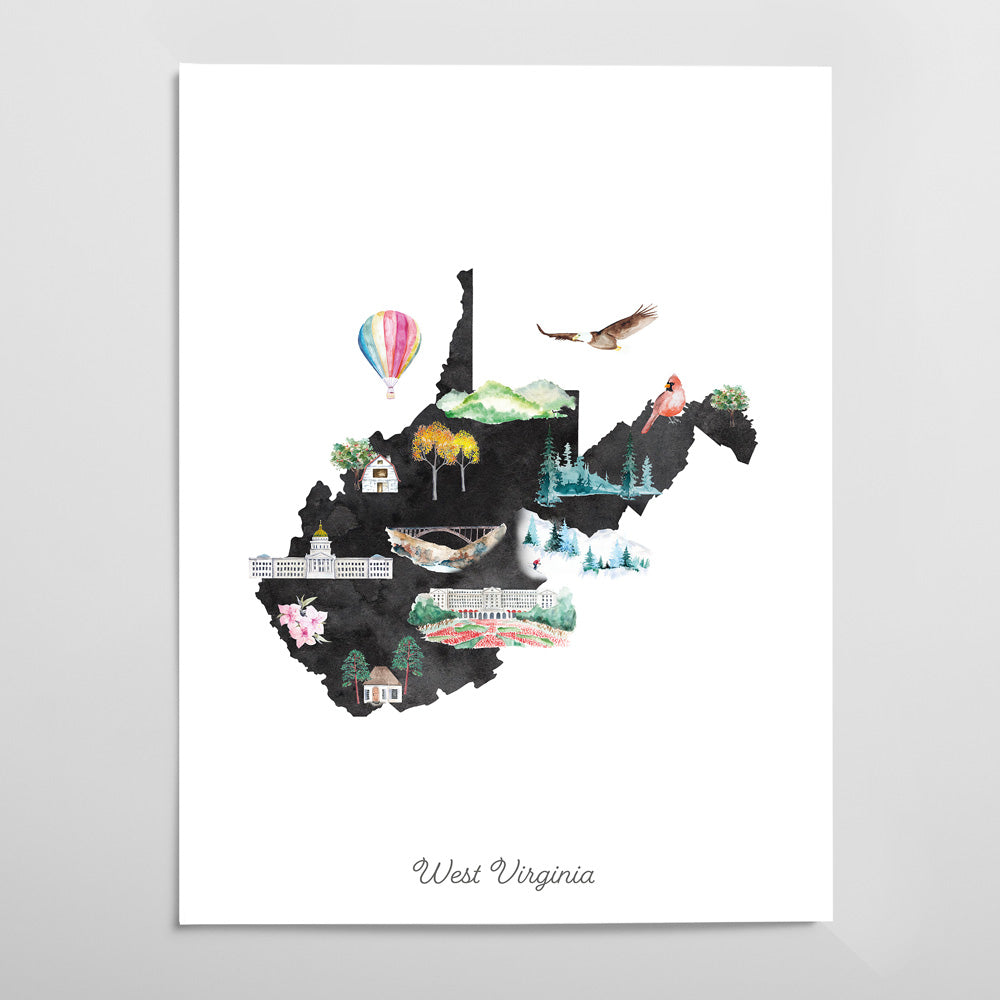 The image is a watercolor illustration depicting various landmarks and symbols associated with West Virginia, including a hot air balloon, a bird, a mountain, and a building.
