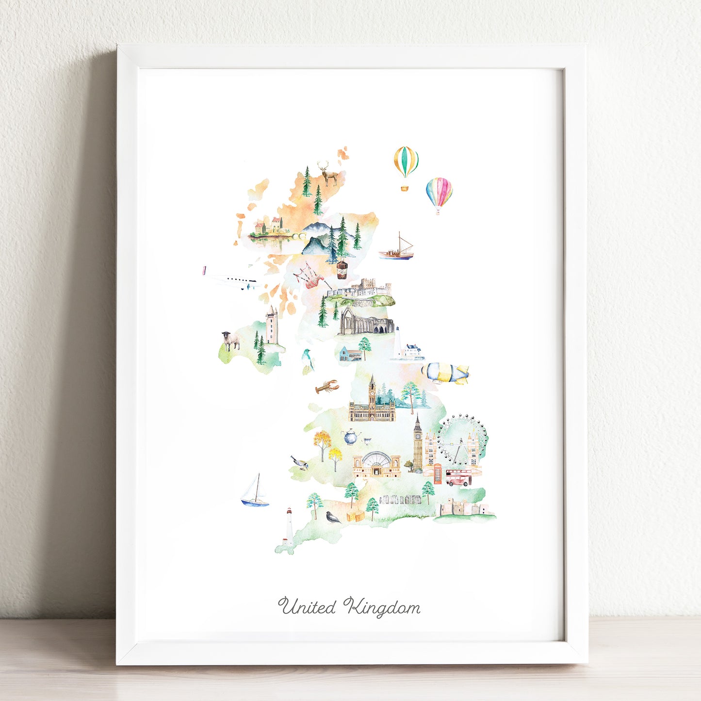 The image is a framed watercolor illustration depicting various landmarks and scenes from the United Kingdom.