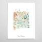 The image is a colorful illustration of various landmarks and symbols associated with New Mexico, including hot air balloons, mountains, buildings, and wildlife.