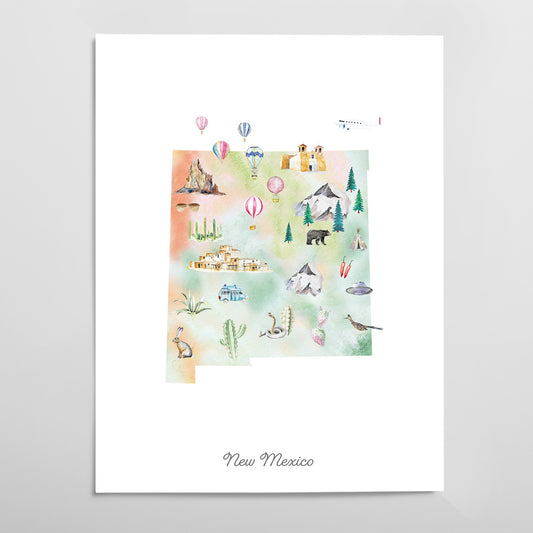 The image is a colorful illustration of various landmarks and symbols associated with New Mexico, including hot air balloons, mountains, buildings, and wildlife.