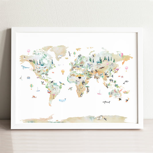 Illustrated Animals World Map Art Print