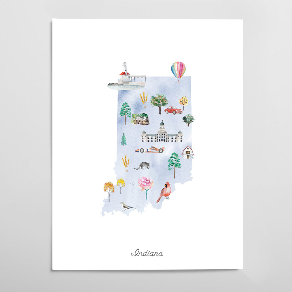 Indiana Illustrated State Map Art Print