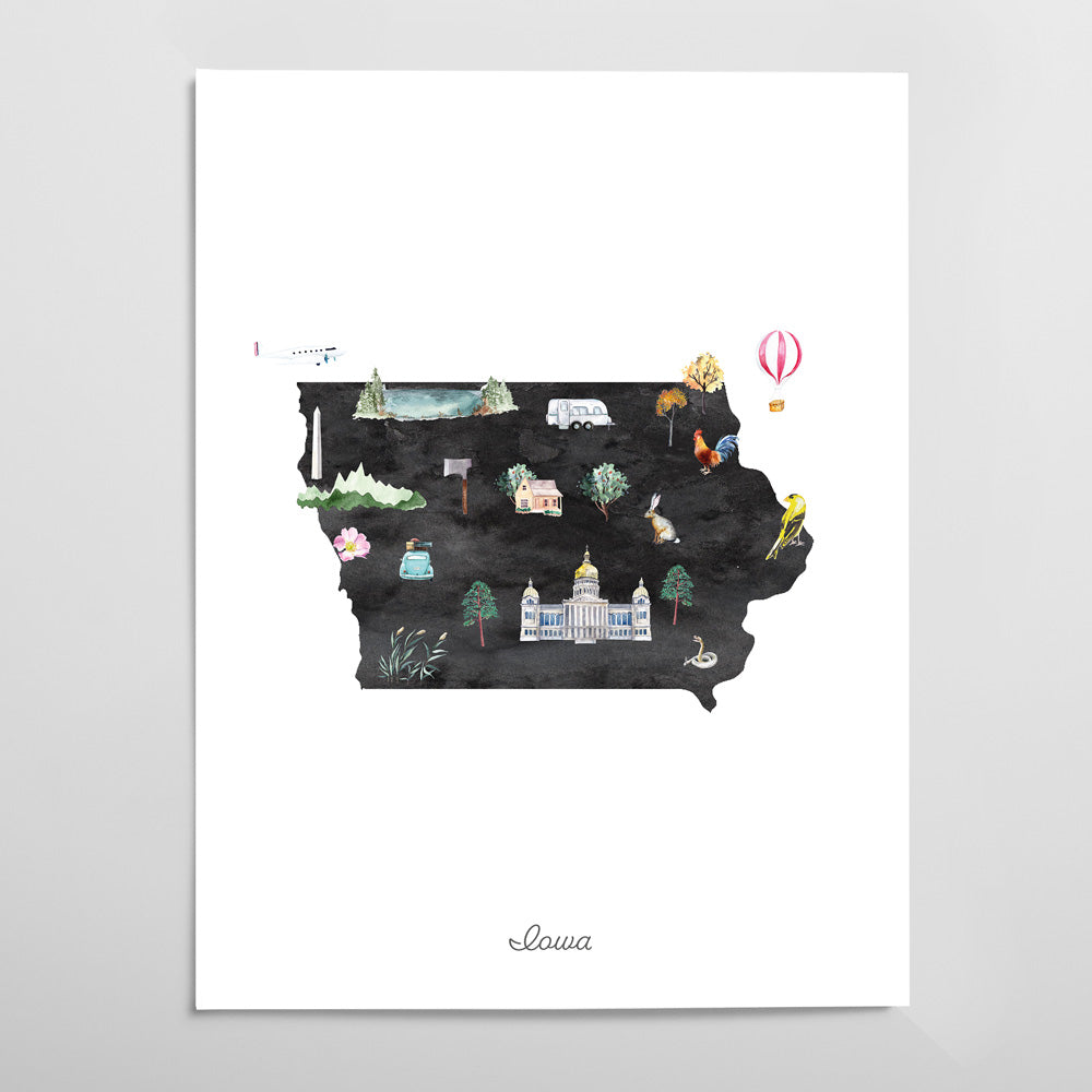 Iowa Illustrated State Map Art Print
