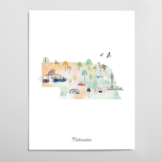 Nebraska Illustrated State Map Art Print