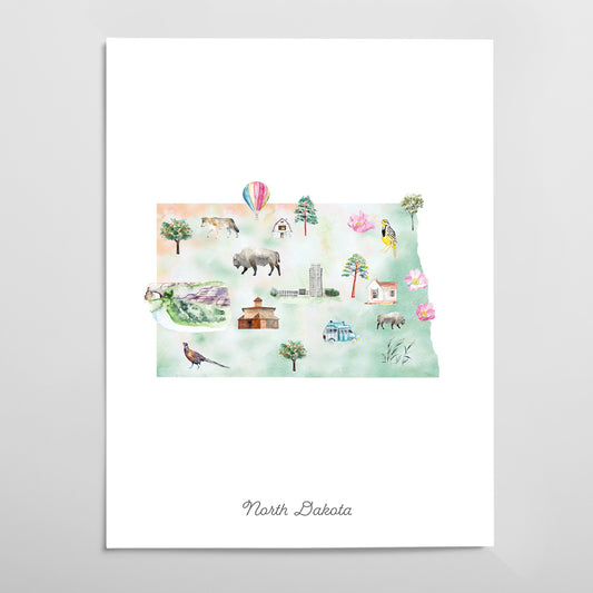 North Dakota Illustrated State Map Art Print