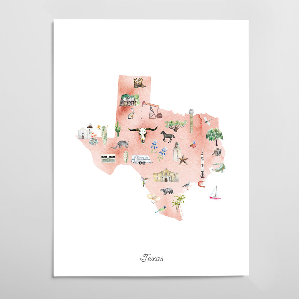 Texas Illustrated State Map Art Print
