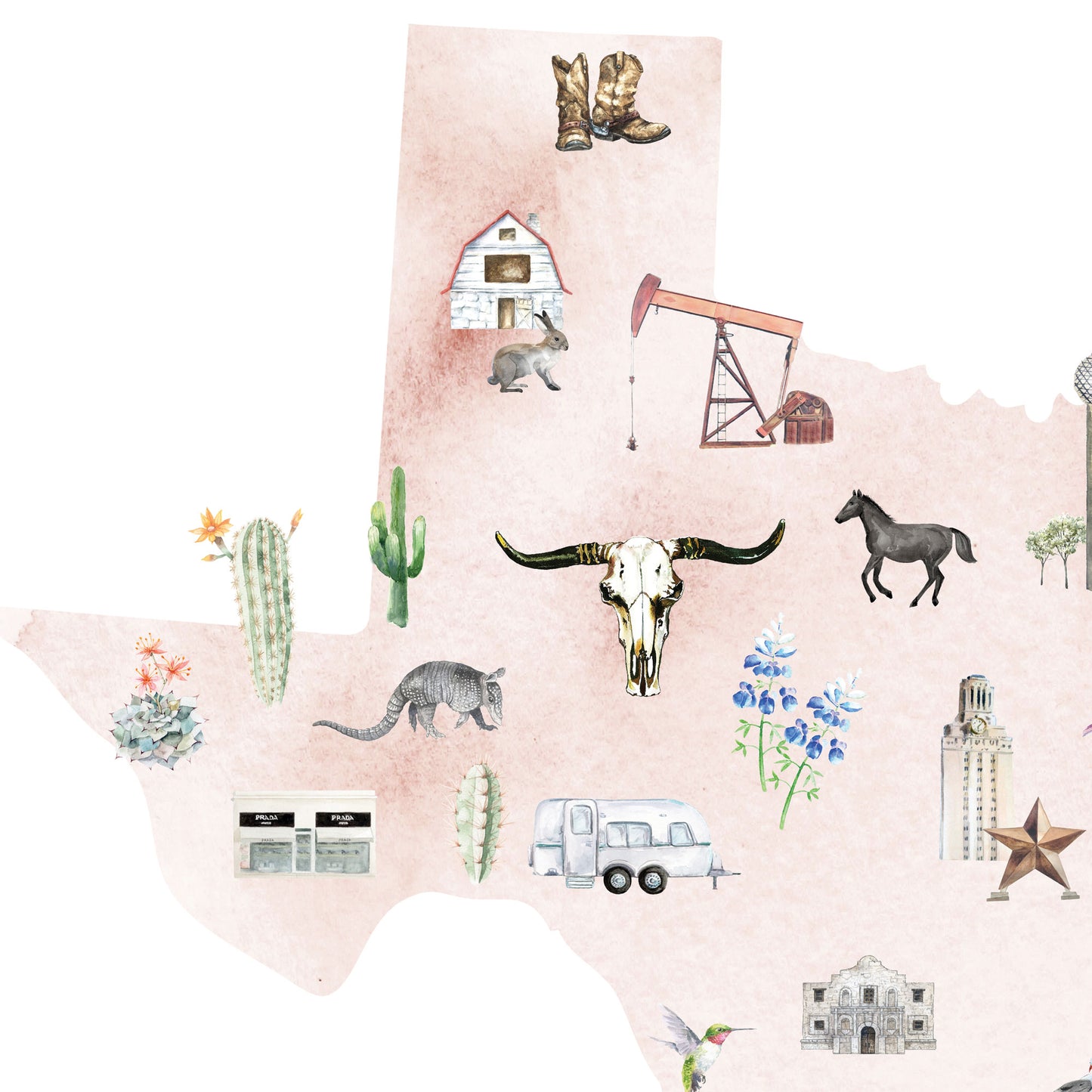 Texas Illustrated State Map Art Print