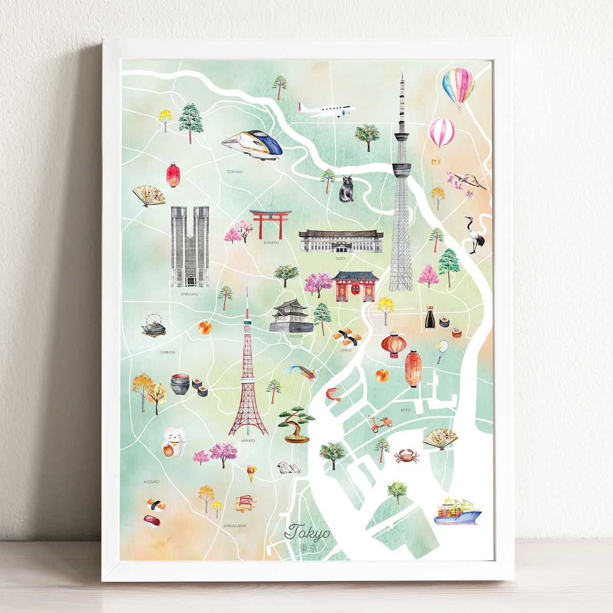 Tokyo Map Color Tokyo Illustrated City Map Art Print | Featuring illustrations of ...