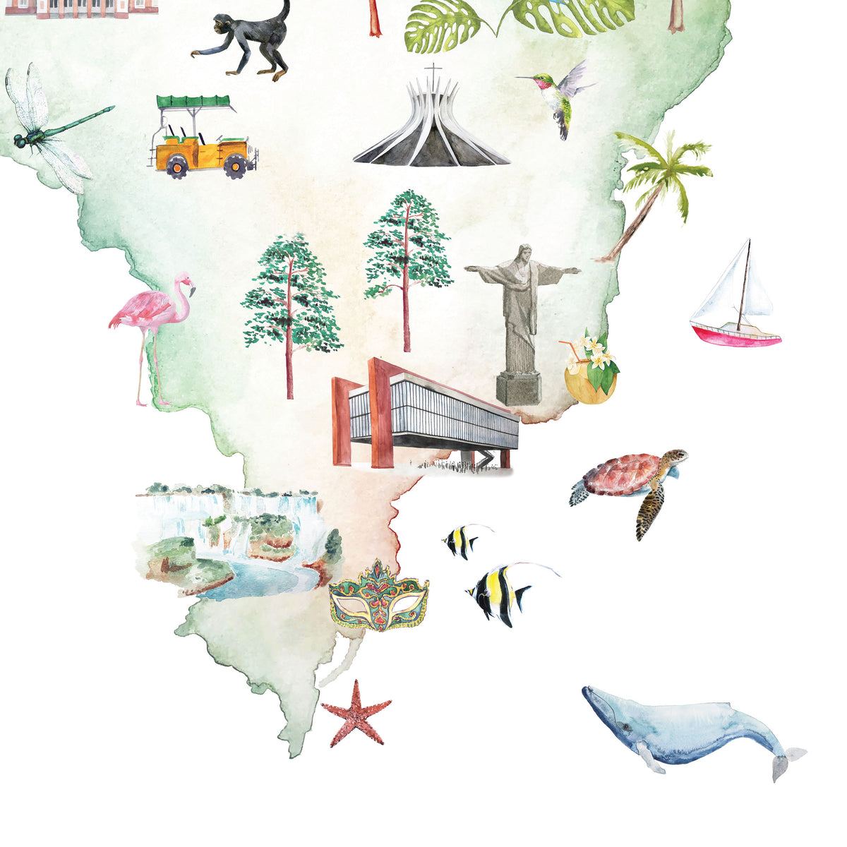 Brazil Illustrated Map Art Print | Featuring illustrations of famous ...