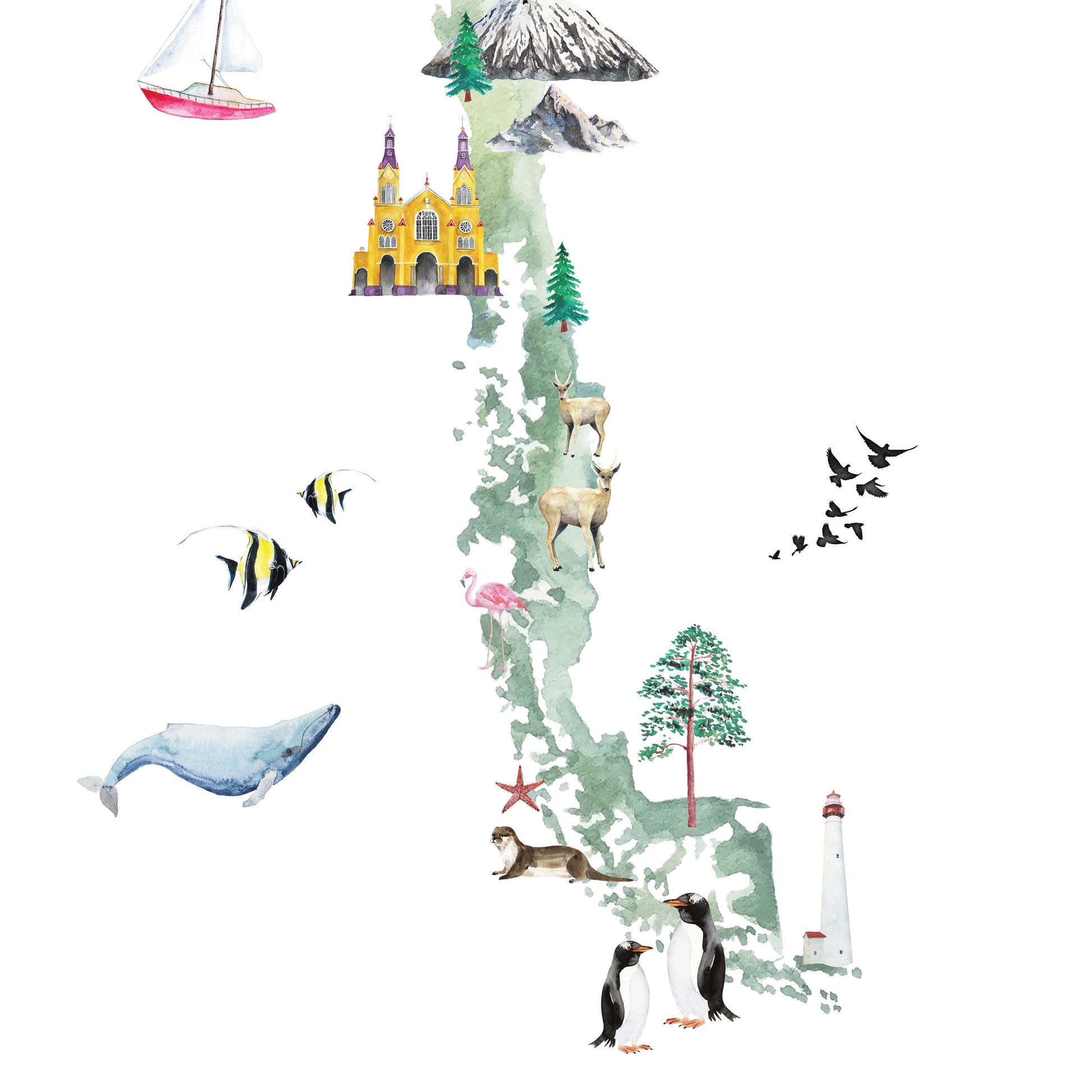Chile Illustrated Map Art Print | Featuring illustrations of famous Chile landmarks, plants, and animals | Illustrated decor for Nursery, Office, Kitchen, or Living Room | Buy illustrated Chile map wall art chile-illustrated-map-art-print-featuring-illustrations-of-famous-chile-landmarks-plants-and-animals-illustrated-decor-for-nursery-office-kitchen-or-living-room-buy-illustrated-chile-map-wall-art