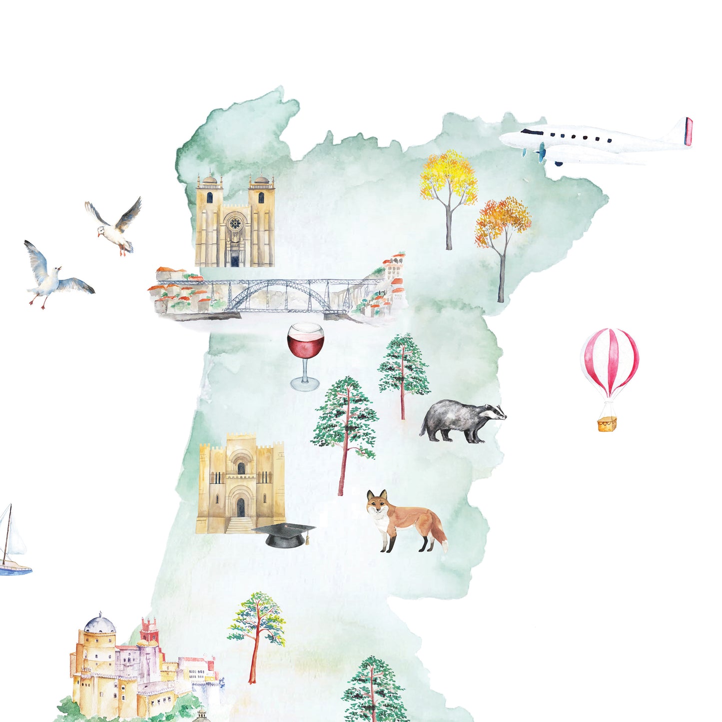 Illustrated map of Portugal with icons, cities, animals, landmarks