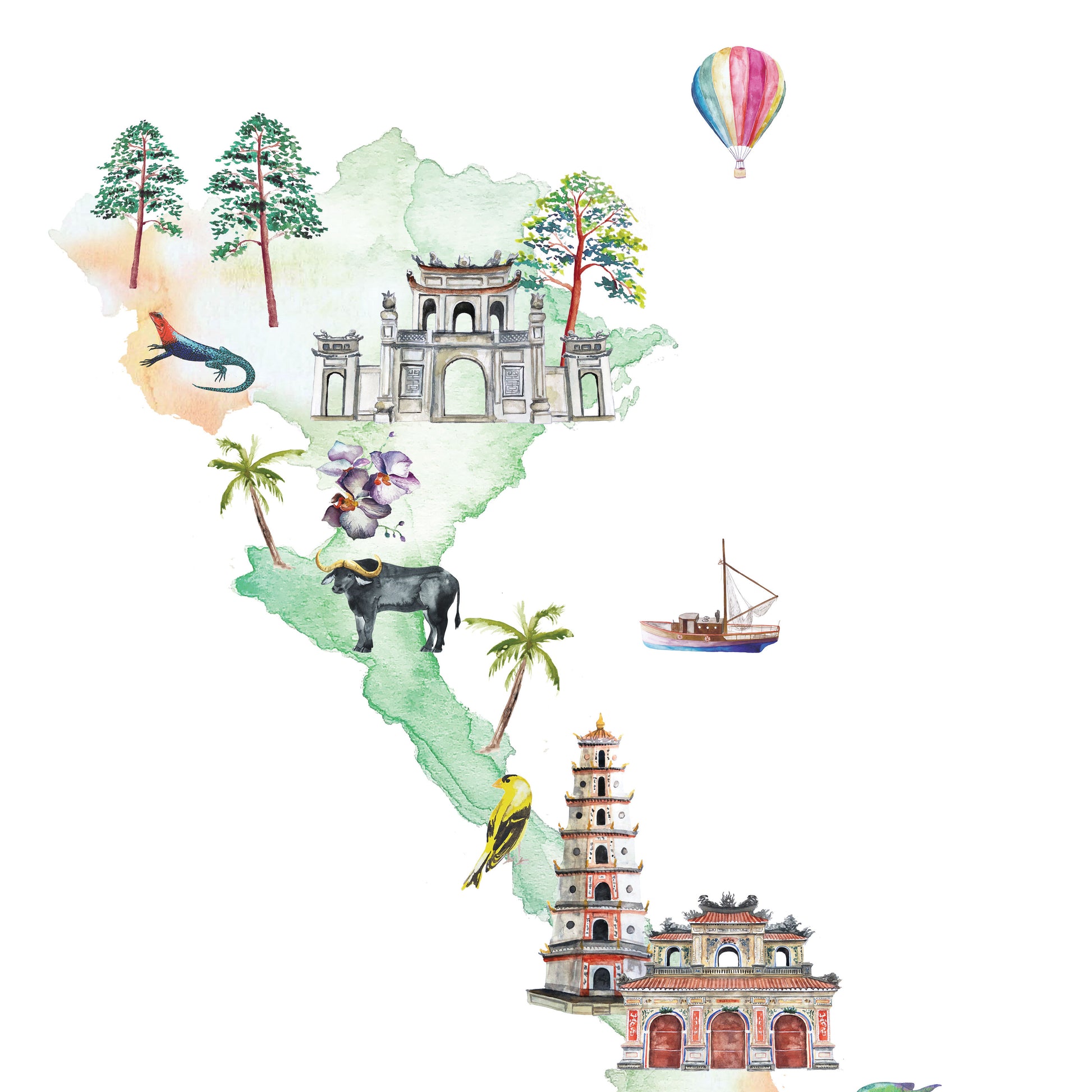 Vietnam Illustrated Map Art Print | Featuring illustrations of famous Vietnam landmarks, plants, and animals | Illustrated decor for Nursery, Office, Kitchen, or Living Room | Buy illustrated Vietnam map wall art vietnam-illustrated-map-art-print-featuring-illustrations-of-famous-vietnam-landmarks-plants-and-animals-illustrated-decor-for-nursery-office-kitchen-or-living-room-buy-illustrated-vietnam-map-wall-art